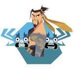  1boy aku artist_name beard facial_hair hanzo_(overwatch) high_ponytail male_focus miova nipples overwatch parody ponytail samurai_jack seigaiha style_parody tattoo 