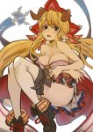  1girl black_boots blonde_hair blue_eyes boots breasts cleavage cross-laced_footwear doraf granblue_fantasy hair_ribbon hallessena horns lace-up_boots large_breasts long_hair low_twintails miniskirt open_mouth plaid plaid_skirt pointy_ears red_skirt ribbon robo8 simple_background skirt solo strapless thigh-highs tubetop twintails very_long_hair white_background white_legwear 