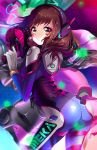  1girl acronym arched_back ass bangs bodysuit boots bracer breasts brown_eyes brown_hair bubble_blowing bubblegum cowboy_shot cube d.va_(overwatch) eyebrows eyebrows_visible_through_hair facepaint facial_mark from_behind gloves gum gun hand_up handgun headphones heart heart-shaped_pupils highres holding holding_gun holding_weapon hologram legs_apart long_hair long_sleeves looking_at_viewer looking_back meka_(overwatch) overwatch pauldrons pilot_suit ribbed_bodysuit shoulder_pads skin_tight sky solo space squadra star_(sky) starry_sky symbol-shaped_pupils thigh-highs thigh_boots thigh_strap turtleneck weapon whisker_markings white_boots white_gloves 