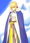  1girl ahoge armor blonde_hair cape clouds excalibur fate/grand_order fate/stay_night fate_(series) fur-trimmed_cape glowing glowing_sword glowing_weapon green_eyes highres saber smile solo sword weapon west_(west_0916) 