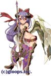  1girl armor belt boots bow fingerless_gloves flat_chest gloves halberd horns long_hair magia_break miyamae_porin polearm purple_hair red_bow red_eyes smile solo thigh-highs thigh_boots weapon wings 