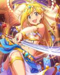  1girl alternate_costume anklet arabian_clothes armlet artist_request bandeau barefoot black_eyes blonde_hair circlet dancer earrings feet fujimoto_rina harem_outfit idolmaster idolmaster_cinderella_girls jewelry long_hair midriff nail_polish official_art smile solo sparkle sword veil weapon 