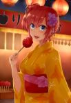  1girl alternate_hairstyle apple blue_eyes breasts brown_hair bush candy candy_apple female flower food fruit hair_flower hair_ornament highres japanese_clothes kimono lantern mouth night night_sky obi open outdoors paper_lantern plant ponpon_(ponpon62126) sash short_hair sky smile solo summer_festival yahari_ore_no_seishun_lovecome_wa_machigatteiru. yuigahama_yui yukata 