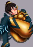  1girl alternate_costume ass black_hair blush bodysuit boots breasts brown_eyes d.va_(overwatch) fetal_position glowing grey_background hair_bun hair_up headphones highres junebug_(overwatch) junebug_d.va knee_boots legs_up looking_at_viewer lying medium_breasts on_side overwatch qzik shadow shiny shiny_clothes simple_background skin_tight solo 