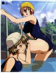  00s 2girls ass bare_legs blush breasts brown_hair chouhi_ekitoku female green_eyes grin ikkitousen large_breasts legs looking_at_viewer multiple_girls official_art one-piece_swimsuit open_mouth red_eyes ryuubi_gentoku scan short_hair smile swimming swimsuit uniform water 