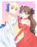  2girls artist_request bare_shoulders blonde_hair blue_eyes breasts brown_hair choker cleavage elbow_gloves fate/stay_night fate_(series) gloves green_eyes hand_holding long_ponytail multiple_girls ponytail saber short_ponytail smile tohsaka_rin 