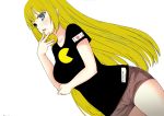  1girl :o absurdres bangs black_shirt blonde_hair blue_eyes blunt_bangs breasts collarbone dutch_angle finger_to_mouth hand_on_own_arm heart highres long_hair medium_breasts open_mouth pac-man red_shorts shirt short_shorts short_sleeves shorts simple_background very_long_hair white_background 