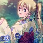  1girl blonde_hair blue_eyes highres japanese_clothes k-on! kimono kotobuki_tsumugi ponytail sayousuke sky star_(sky) starry_sky yukata 