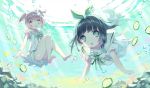  2girls air_bubble bare_legs barefoot black_hair breath brown_hair bubble food freediving fruit green_eyes hair_ribbon highres lime_(fruit) long_hair multiple_girls open_mouth ribbon rugo sailor_collar short_twintails shorts skirt swimming twintails underwater violet_eyes 