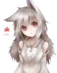  1girl alternate_hair_length alternate_hairstyle animal_ears bare_shoulders detached_sleeves head_tilt highres inubashiri_momiji leaf long_hair long_sleeves looking_at_viewer maple_leaf no_hat open_mouth red_eyes shirt silver_hair simple_background solo text touhou upper_body white_background wolf_ears yuxyon 