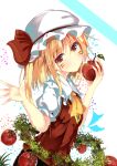  1girl apple ascot bangs blonde_hair eyebrows eyebrows_visible_through_hair facial_mark flandre_scarlet food fruit hat hat_ribbon head_tilt holding holding_fruit long_hair looking_at_viewer mikagemaru_(mikage000) mob_cap puffy_short_sleeves puffy_sleeves red_eyes red_ribbon ribbon short_sleeves solo touhou vest 