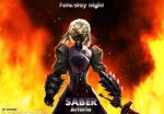  1girl aiovia armor artist_name blonde_hair character_name dark_excalibur english fate/stay_night fate_(series) fire from_behind saber saber_alter solo watermark web_address 