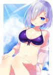  1girl alternate_costume bikini bikini_top blue_eyes breasts cleavage commentary_request eyebrows hair_ornament hair_over_one_eye hairclip hamakaze_(kantai_collection) highres kantai_collection looking_at_viewer mafuyu_(chibi21) navel open_mouth purple_bikini short_hair silver_hair sky solo swimsuit 