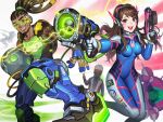  1girl 3boys armor armored_boots bangs beard blush bodysuit boots bracer breasts brown_eyes brown_hair bunny_print covered_mouth covered_navel cyborg d.va_(overwatch) dark_skin emblem face_mask facepaint facial_hair facial_mark fang finger_on_trigger fingerless_gloves frog_print genji_(overwatch) gloves goatee greaves gun hair_ornament hair_tie hairlocs headband headphones headwear_removed helmet helmet_removed high_collar high_ponytail holding holding_gun holding_sword holding_weapon hose jacket knee_boots lips lipstick logo long_hair long_sleeves looking_at_viewer lucio_(overwatch) makeup mask mecha medium_breasts meka_(overwatch) multiple_boys one_eye_closed one_leg_raised open_mouth overwatch parted_bangs pauldrons pilot_suit pink_lips pink_lipstick ponytail power_armor red_gloves ribbed_bodysuit shoulder_pads skin_tight smile soldier:_76_(overwatch) solo speaker swept_bangs sword tank_top tattoo teeth teiten-bakuha thigh-highs thigh_boots thigh_strap turtleneck v veil visor weapon whisker_markings white_boots white_gloves 