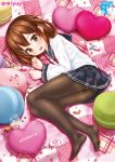  1girl black_legwear brown_eyes brown_hair candy circle_name commentary_request eyebrows eyebrows_visible_through_hair fang feet from_side hair_ornament hairclip heart heart_pillow ikazuchi_(kantai_collection) jar kantai_collection kisaragi_miyu lollipop looking_at_viewer lying macaron no_shoes on_side open_mouth panties panties_under_pantyhose pantyhose pillow pleated_skirt quilt school_uniform serafuku short_hair skirt smile solo swirl_lollipop twitter_username underwear 