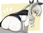  1girl anchovy ass blush brown_eyes crotch_seam drill_hair from_behind girls_und_panzer glastonbury1966 green_hair hair_ribbon highres long_hair long_sleeves looking_at_viewer looking_back pantyhose ribbon shirt sitting skirt skirt_lift smile solo twin_drills twintails white_legwear 