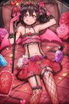  1girl :q arm_up black_hair blush bottle bow demon_horns demon_tail demon_wings earrings fishnet_legwear fishnets flat_chest floral_print flower frills garter_straps gloves hair_between_eyes hair_bow hair_ornament hairclip heart heart_pillow heart_tattoo highres horns jewelry looking_at_viewer love_live! love_live!_school_idol_festival love_live!_school_idol_project lying navel on_back perfume_bottle petals pillow pink_gloves pitchfork polka_dot red_eyes short_hair skirt smile solo strapless suspenders tail tattoo thigh-highs tiara tongue tongue_out tubetop twintails wings yazawa_nico yohan1754 