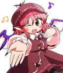  1girl bird_wings brown_eyes feathered_wings hat hat_feather highres musical_note mystia_lorelei nail_polish one_eye_closed pink_hair purple_nails rokugou_daisuke solo touhou wings 