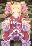  &gt;:o 1girl :o beatrice_(re:zero) blonde_hair blush book bow capelet checkered checkered_floor crown dress drill_hair frilled_dress frilled_sleeves frills from_above full_body fur_trim hair_ribbon highres incoming_hug indoors knees_together_feet_apart long_hair long_sleeves looking_at_viewer mafuyun mini_crown open_mouth outstretched_arms pantyhose pom_pom_(clothes) re:zero_kara_hajimeru_isekai_seikatsu reflection ribbon shoes sidelocks solo striped striped_legwear symbol-shaped_pupils table teeth twin_drills twintails 