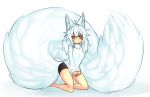  1girl absurdres animal_ears bare_legs barefoot bike_shorts blush clothes_tug embarrassed fox_ears fox_tail highres kneeling long_hair looking_at_viewer orange_eyes original simple_background solo sub-res sub-tan sweater sweater_tug tail white_hair white_sweater 