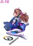 1girl 2016 bangs blue_eyes bodysuit breasts brown_hair character_name copyright_name d.va_(overwatch) daidai_(120226329) dated facial_mark from_above from_side gloves hands_on_own_chest headphones lips long_hair looking_at_viewer looking_to_the_side medium_breasts overwatch pilot_suit shadow simple_background sitting solo swept_bangs wariza whisker_markings white_background white_gloves 