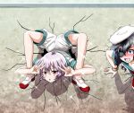  2girls :&lt; :o blue_hair blush chest_stand crack double_v eyepatch flexible green_eyes hat kabe_ni_hamatte_ugokenai! kantai_collection kiso_(kantai_collection) looking_at_viewer multiple_girls neckerchief open_mouth parody purple_hair red_eyes sailor_collar school_uniform serafuku shirt shoes short_hair short_sleeves shorts sparkle stuck tama_(kantai_collection) tears through_wall tk8d32 v wall 