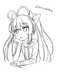  1girl amakusa_tobari antenna_hair blush elbow_rest eyebrows eyebrows_visible_through_hair greyscale hair_ribbon hand_on_own_face holding holding_pencil long_hair long_sleeves looking_away miyauchi_renge monochrome non_non_biyori open_mouth pencil ribbon simple_background sketch solo twintails twitter_username upper_body 