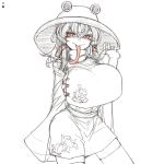  1girl alternate_breast_size breasts chiyoshi_(sevendw) female hat huge_breasts monochrome moriya_suwako naughty_face red_eyes solo spot_color thigh-highs tongue touhou white_background 