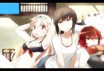  3girls alternate_costume arms_behind_head arms_up bangs black_ribbon blonde_hair bow breasts brown_hair cleavage closed_mouth collarbone eyebrows eyebrows_visible_through_hair failure_penguin fan front-tie_top frown fubuki_(kantai_collection) green_bow green_eyes hair_between_eyes hair_ornament hair_ribbon hairclip holding_fan hot indoors kantai_collection letterboxed long_hair low_ponytail lying medium_breasts miss_cloud multiple_girls mutsuki_(kantai_collection) navel on_back one_eye_closed open_mouth paper_fan red_bow red_eyes redhead remodel_(kantai_collection) ribbon short_hair sleeveless small_breasts souji stomach sweatdrop translation_request uchiwa window yuudachi_(kantai_collection) 