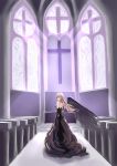 1girl 5plus altar black_wings blonde_hair church church_interior cross dress elbow_gloves female gloves highres indoors light_rays long_hair low-cut original pew single_wing solo stained_glass wings 