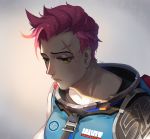  1girl blue_vest clothes_writing eyelashes green_eyes lips lipstick makeup overwatch pink_hair scar short_hair sleeveless solo tayen upper_body vest zarya_(overwatch) 