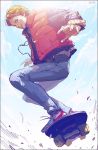  1boy artist_name back_to_the_future blonde_hair clouds denim full_body highres jacket jeans looking_at_viewer male_focus marty_mcfly noaki open_clothes open_jacket outstretched_arms pants parted_lips shoes skateboard skateboarding sky smile sneakers solo 