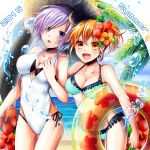  2girls bad_id beach bikini casual_one-piece_swimsuit chamochi fate/grand_order fate_(series) female_protagonist_(fate/grand_order) flower fujimaru_ritsuka_(female) hair_flower hair_ornament halterneck hand_on_another&#039;s_shoulder hat hibiscus highres innertube multiple_girls ocean one-piece_swimsuit open_mouth orange_eyes orange_hair ponytail purple_hair shielder_(fate/grand_order) short_hair side-tie_bikini smile straw_hat swimsuit tree violet_eyes water 