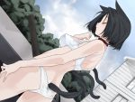  1girl artist_request ass black_hair breasts butt_crack character_request closed_eyes copyright_request cowboy_shot dutch_angle hand_on_own_thigh multiple_tails outdoors profile short_hair smile solo tail underwear underwear_only 