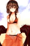  1girl akaiha_(akaihagusk) alternate_costume arms_at_sides bikini black_wings blue_sky breasts brown_hair clouds cowboy_shot day feathered_wings foreshortening highres hips leaf_print looking_at_viewer low_wings medium_breasts navel pointy_ears red_eyes sarong see-through shameimaru_aya short_hair sky smile solo stomach sunlight swimsuit thighs touhou twitter_username white_bikini_bottom wings 