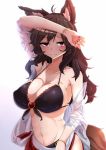  1girl animal_ears bikini black_bikini blouse bra breasts brooch brown_hair cleavage collarbone erect_nipples front-tie_bikini front-tie_top hand_on_forehead highres imaizumi_kagerou jewelry large_breasts long_hair looking_at_viewer messy_hair midriff navel open_blouse open_clothes red_eyes rihito_(usazukin) sarong see-through sideboob simple_background swimsuit tail touhou underwear upper_body wavy_hair wet wet_clothes white_blouse wolf_ears wolf_tail 