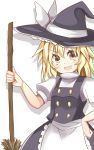  1girl aki_chimaki apron black_dress blonde_hair bow braid broom buttons dress hat hat_bow hat_ribbon highres kirisame_marisa open_mouth puffy_sleeves ribbon short_sleeves side_braid simple_background single_braid solo touhou waist_apron white_bow witch_hat yellow_eyes 