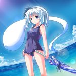  1girl blue_eyes closed_umbrella hairband hitodama konpaku_youmu konpaku_youmu_(ghost) ryogo school_swimsuit short_hair silver_hair standing swimsuit touhou umbrella white_hair 