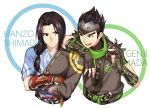  2boys armor black_eyes black_hair brothers byakuya0315 character_name crossed_arms eyelashes forehead_protector genji_(overwatch) hanzo_(overwatch) headband japanese_clothes long_hair low-tied_long_hair male_focus multiple_boys open_mouth overwatch short_hair shuriken siblings simple_background smile tied_hair weapon white_background younger 