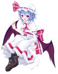  1girl :d ascot bat_wings blue_hair blush boots brooch brown_boots fang frilled_shirt_collar frilled_skirt frills full_body ginzake_(mizuumi) hat hat_ribbon heart jewelry looking_at_viewer mob_cap open_mouth pointy_ears puffy_short_sleeves puffy_sleeves red_eyes red_ribbon red_string remilia_scarlet ribbon sash short_hair short_sleeves skirt skirt_set smile solo string touhou wings wrist_cuffs 