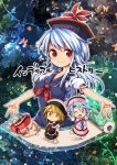  4girls blue_eyes blue_hair breasts brown_hair chibi cover cover_page erect_nipples harusame_(unmei_no_ikasumi) hat kamishirasawa_keine long_hair lunasa_prismriver lyrica_prismriver medium_breasts merlin_prismriver multiple_girls one_eye_closed red_eyes scroll silver_hair touhou yellow_eyes 