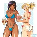  2girls ass back bangs bare_shoulders bikini black_hair blonde_hair blue_bikini blue_eyes blue_swimsuit blush bow bow_bikini braid breasts brown_eyes butt_crack cleavage collarbone cowboy_shot cup dark_skin drinking_straw earrings eye_of_horus eyelashes facial_mark facial_tattoo from_behind groin hair_ornament hair_tie hair_tubes highleg highleg_bikini highleg_swimsuit holding holding_cup jewelry large_breasts legs_apart looking_at_another mercy_(overwatch) midriff milkshake multiple_girls navel open_mouth overwatch pharah_(overwatch) pink_bow ponytail profile samanator_club short_hair side_braids skin_tight smile sparkle strap_gap string_bikini striped striped_bikini striped_swimsuit stud_earrings swimsuit tattoo twin_braids white_bikini white_swimsuit 