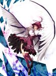  1girl animal_ears bird_wings blush dress fingernails full_body garakuta hat highres interlocked_fingers jewelry kneehighs long_fingernails long_sleeves looking_at_viewer mob_cap mystia_lorelei nail_polish open_mouth pink_eyes puffy_sleeves redhead short_hair single_earring solo touhou wings 