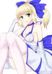  1girl absurdres arm_support armpits artist_request bare_shoulders blonde_hair blue_ribbon blush breasts cleavage cleavage_cutout elbow_gloves fate/stay_night fate_(series) gloves green_eyes highres open_mouth pink_legwear ponytail ribbon saber smile solo under_boob underboob_cutout white_background 