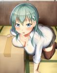  1girl all_fours aqua_hair bangs black_skirt blue_eyes blurry blush box breast_rest breasts brown_legwear buttons cardboard_box cleavage collarbone collared_shirt depth_of_field eyebrows eyebrows_visible_through_hair frilled_skirt frills green_hair hair_between_eyes hair_ornament hairclip indoors kantai_collection large_breasts long_hair looking_at_viewer maku_ro miniskirt no_shoes on_floor pleated_skirt see-through shadow shirt skirt sleeves_folded_up solo suzuya_(kantai_collection) sweat tatami thigh-highs white_shirt 