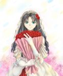  1girl absurdres artist_request black_hair bouquet dress fate/stay_night fate_(series) flower gloves green_eyes highres long_hair rose smile solo tohsaka_rin wedding_dress 