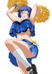  00s 1girl :o arms_up blonde_hair breasts cheerleader crop_top crop_top_overhang eyepatch green_eyes ikkitousen large_breasts leg_lift midriff mole mole_under_mouth navel pom_poms ryomou_shimei shoes short_hair skirt sneakers solo white_legwear wristband 