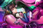  1girl bangs bloodink bodysuit bracer breasts brown_eyes brown_hair clothes_writing d.va_(overwatch) dutch_angle facial_mark game_console glint gloves gradient handheld_game_console headphones holding lens_flare light_particles long_hair long_sleeves looking_at_viewer mecha meka_(overwatch) overwatch parted_lips pilot_suit playing_games playstation_vita sitting solo transparent whisker_markings white_gloves 