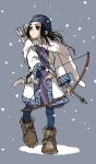  1girl ainu_clothes arrow asirpa black_hair boots bow_(weapon) commentary fur_boots fur_cape golden_kamui golden_kamuy headband highres knife messy_hair sheath simple_background snow solo weapon yamamoto_souichirou 