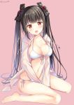  1girl :d bangs bare_legs barefoot between_legs bikini black_hair blunt_bangs blush breasts cleavage collarbone front-tie_top hair_ribbon hood hoodie large_breasts long_hair looking_at_viewer navel open_clothes open_hoodie open_mouth original pink_background red_eyes ribbon side-tie_bikini sitting smile solo sousouman swimsuit twintails v_arms wariza white_bikini white_swimsuit 